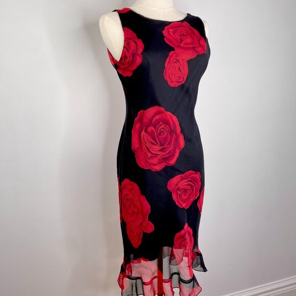 Jessica - Red Rose Print Black Mini Dress - Picture 2 of 9